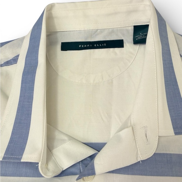 Perry Ellis Men’s Large Short Sleeve Button Down Shirt White Blue Striped L - Picture 3 of 9